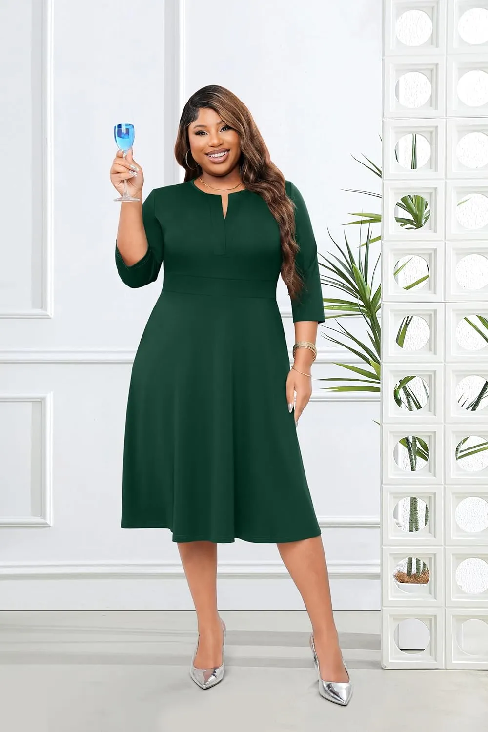 Runwind Plus Size Midi Dress for Women Cocktail Casual Church 3/4 Sleeve V Neck Work A-Line Dresses with Pockets