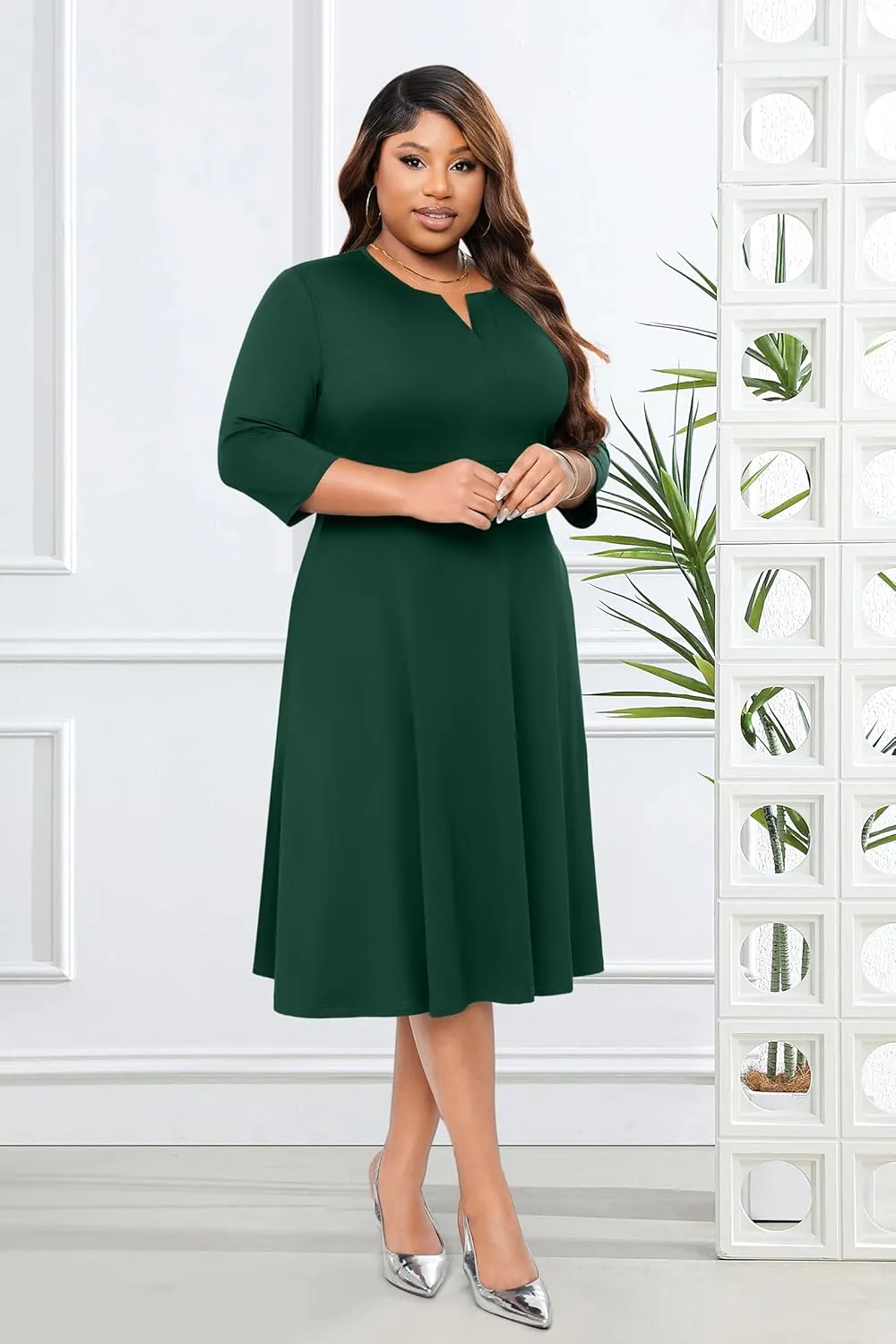 Runwind Plus Size Midi Dress for Women Cocktail Casual Church 3/4 Sleeve V Neck Work A-Line Dresses with Pockets