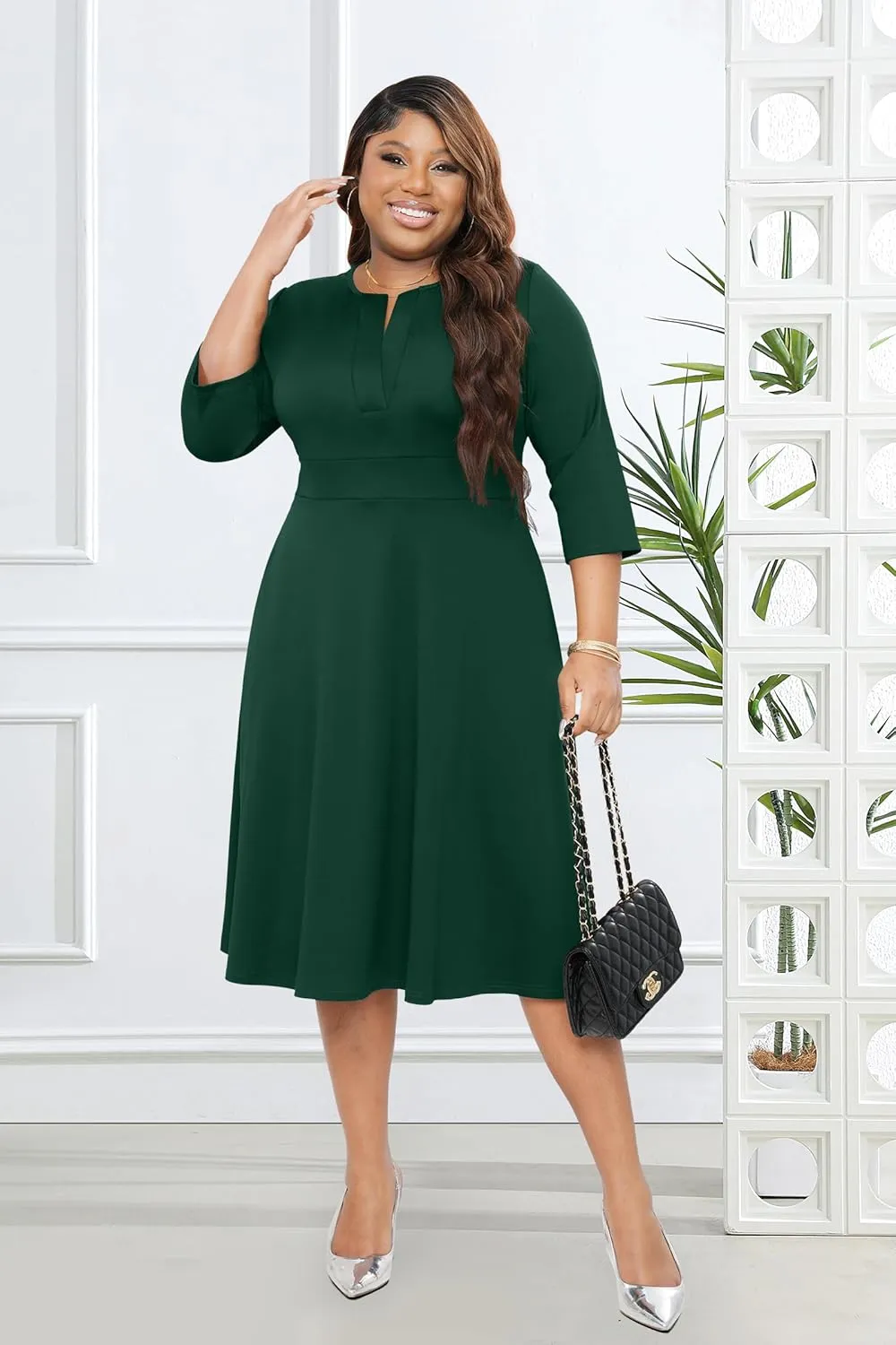 Runwind Plus Size Midi Dress for Women Cocktail Casual Church 3/4 Sleeve V Neck Work A-Line Dresses with Pockets