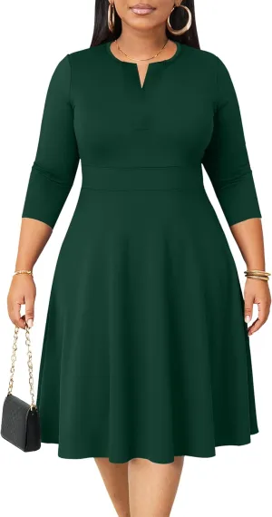 Runwind Plus Size Midi Dress for Women Cocktail Casual Church 3/4 Sleeve V Neck Work A-Line Dresses with Pockets