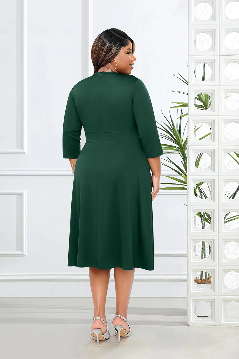 Runwind Plus Size Midi Dress for Women Cocktail Casual Church 3/4 Sleeve V Neck Work A-Line Dresses with Pockets