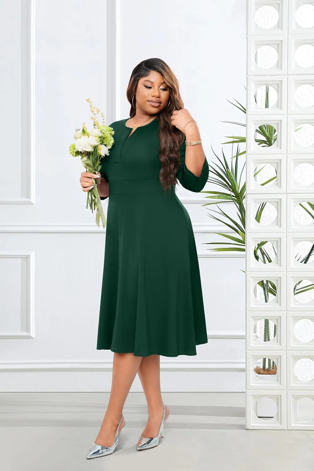 Runwind Plus Size Midi Dress for Women Cocktail Casual Church 3/4 Sleeve V Neck Work A-Line Dresses with Pockets
