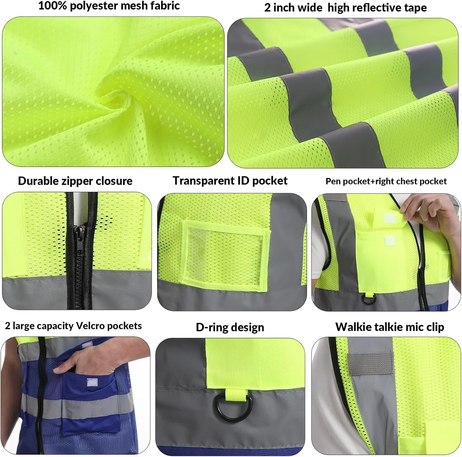 Safety Vest Custom Logo High Visibility Reflective Vest Class 2 Construction Workwear with 5 Pockets