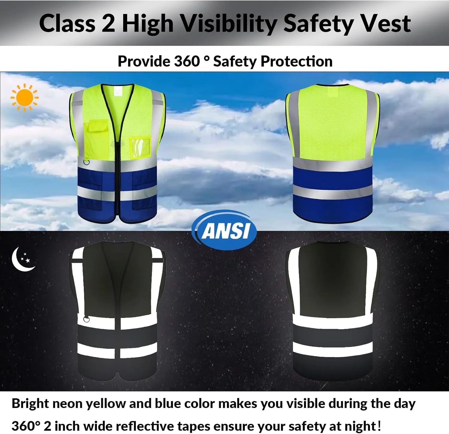 Safety Vest Custom Logo High Visibility Reflective Vest Class 2 Construction Workwear with 5 Pockets