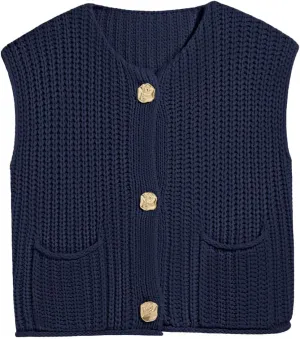 Saodimallsu Womens Sleeveless Cropped Sweater Vest Crochet Chunky Knit Button Down Cardigan Vests Tops with Pockets
