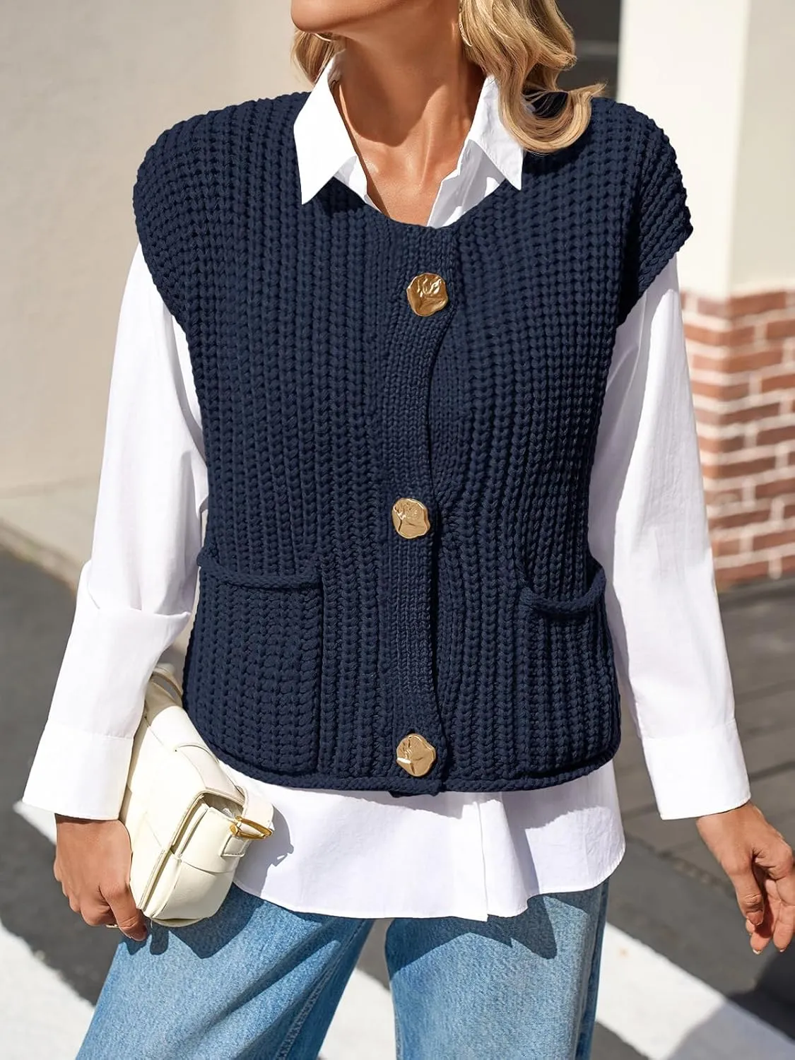 Saodimallsu Womens Sleeveless Cropped Sweater Vest Crochet Chunky Knit Button Down Cardigan Vests Tops with Pockets