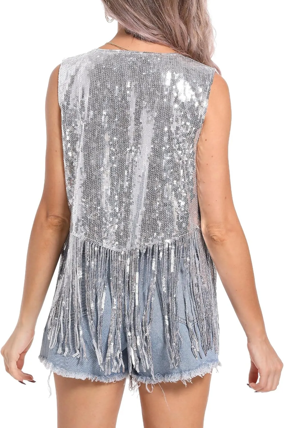 SEAUR Women Sequin Fringe Vests for Party Rave Hippie 70s Cowgirl Sparkly Open Front Cardigan Casual Vintage Western Gilet