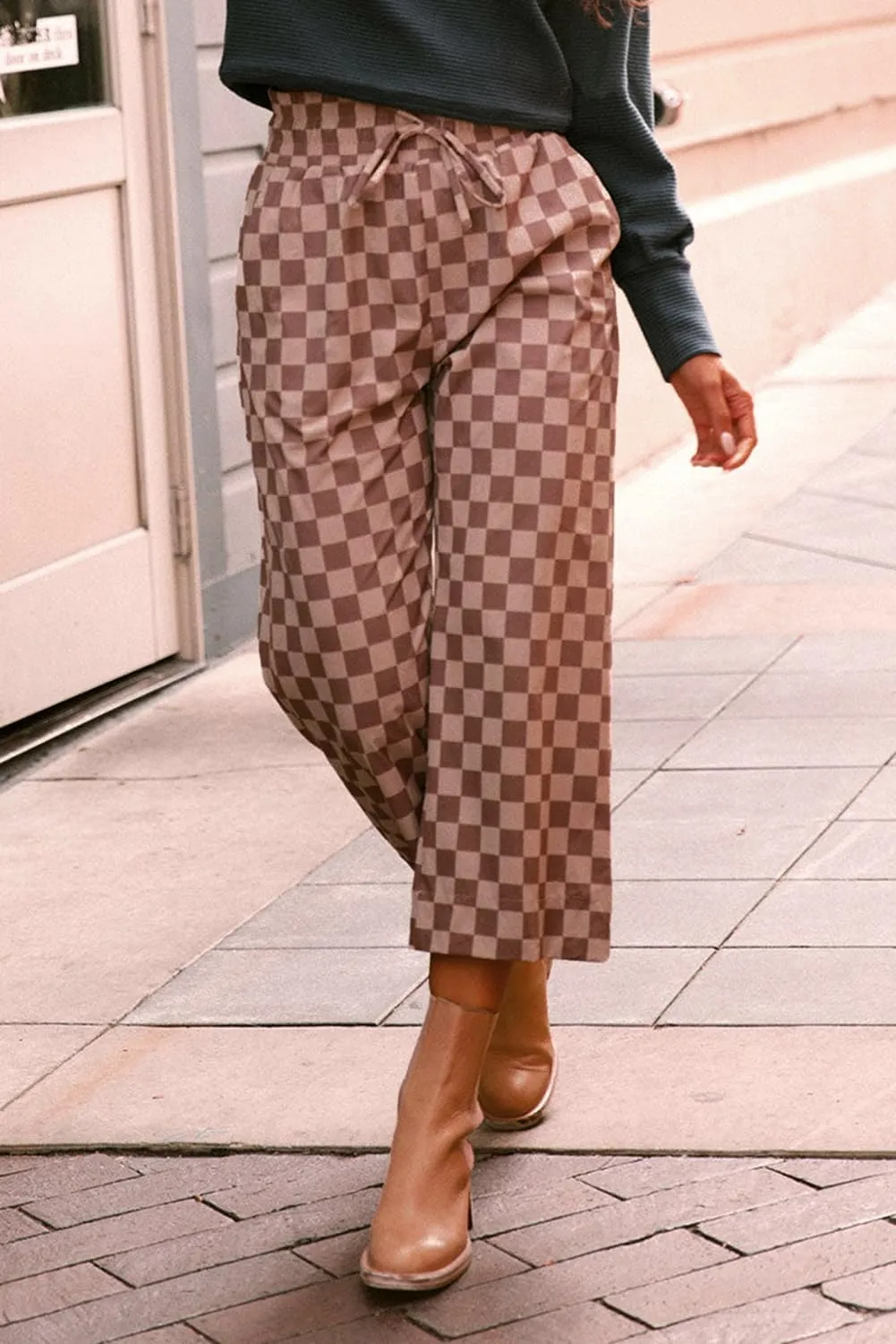 SELINK Women Casual Checkered Elastic High Waist Loose Pants with Pockets Plaid Straight Wide Leg Soft Daily Trousers