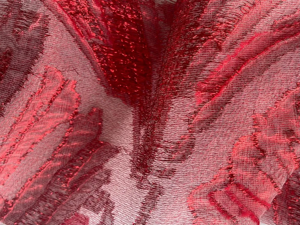 Semi-Sheer Art Deco Metallic Cherry Red Fan Cloqué Polyester Organza Brocade (Made in Italy)