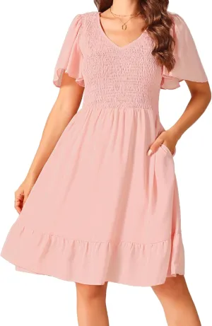 Seta T Women's Summer Chiffon Dresses Smocked V Neck Flutter Short Sleeve Flowy Casual Dress with Pockets