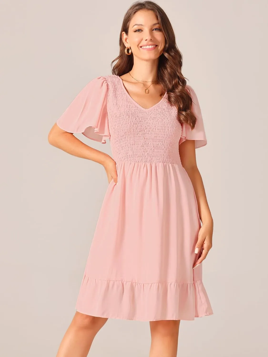 Seta T Women's Summer Chiffon Dresses Smocked V Neck Flutter Short Sleeve Flowy Casual Dress with Pockets