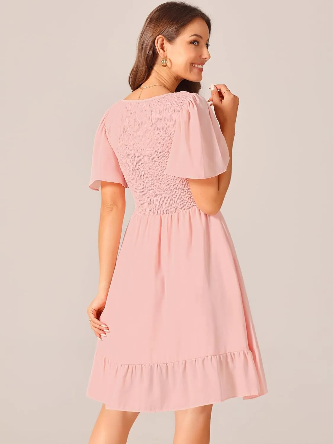 Seta T Women's Summer Chiffon Dresses Smocked V Neck Flutter Short Sleeve Flowy Casual Dress with Pockets