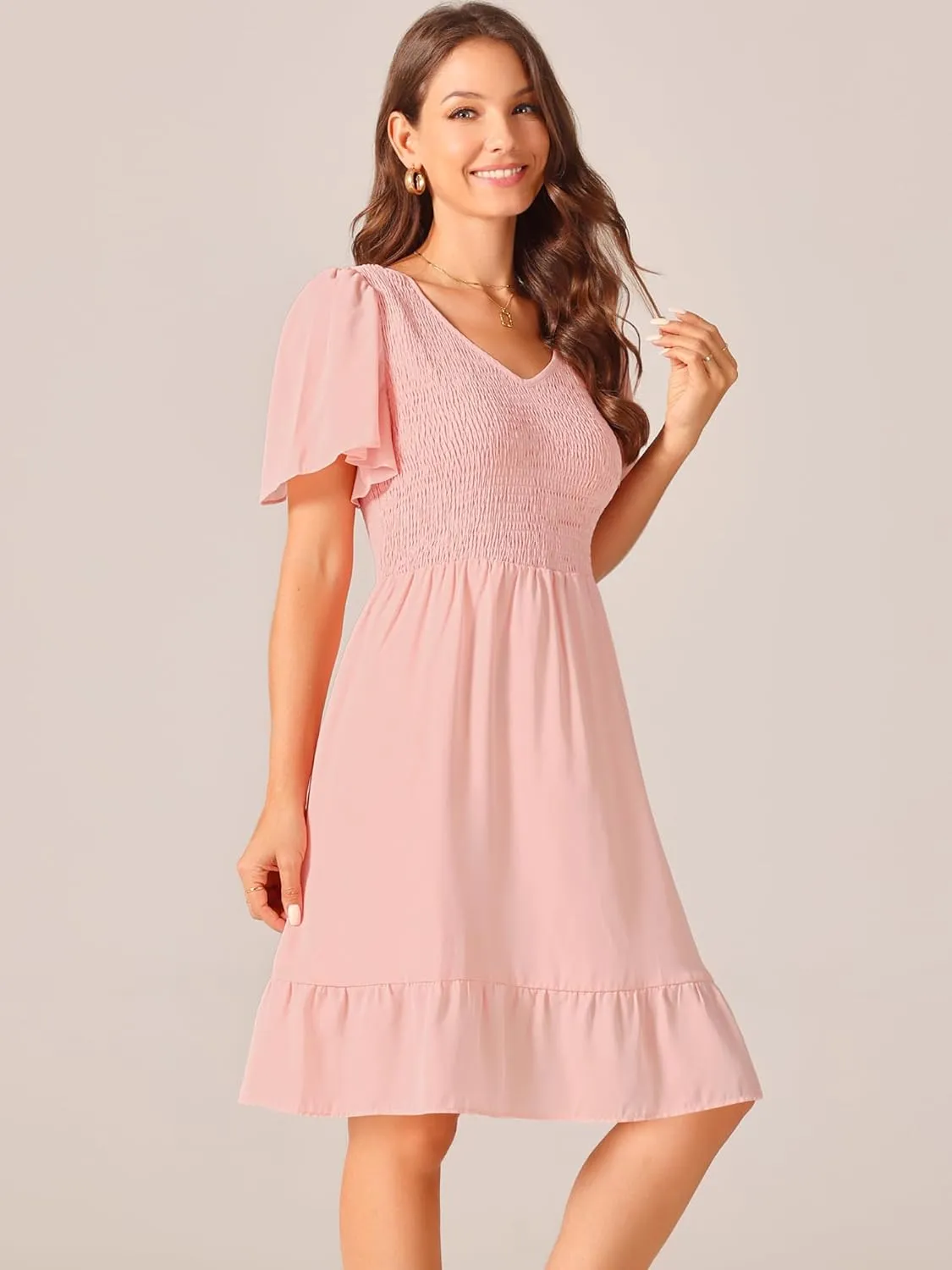 Seta T Women's Summer Chiffon Dresses Smocked V Neck Flutter Short Sleeve Flowy Casual Dress with Pockets