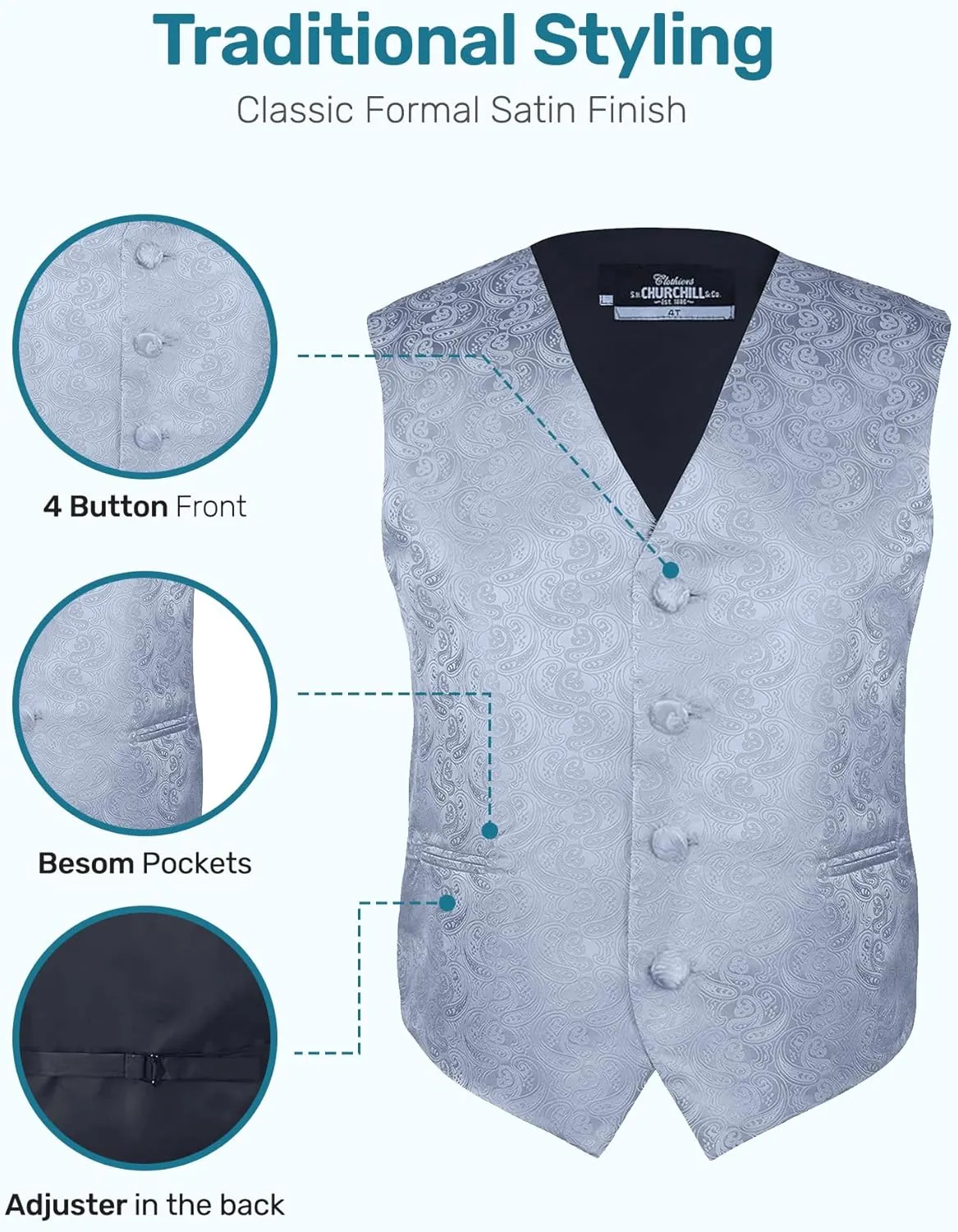 S.H. Churchill & Co. Boys 4 Piece Formal Paisley Vest and Tie Set