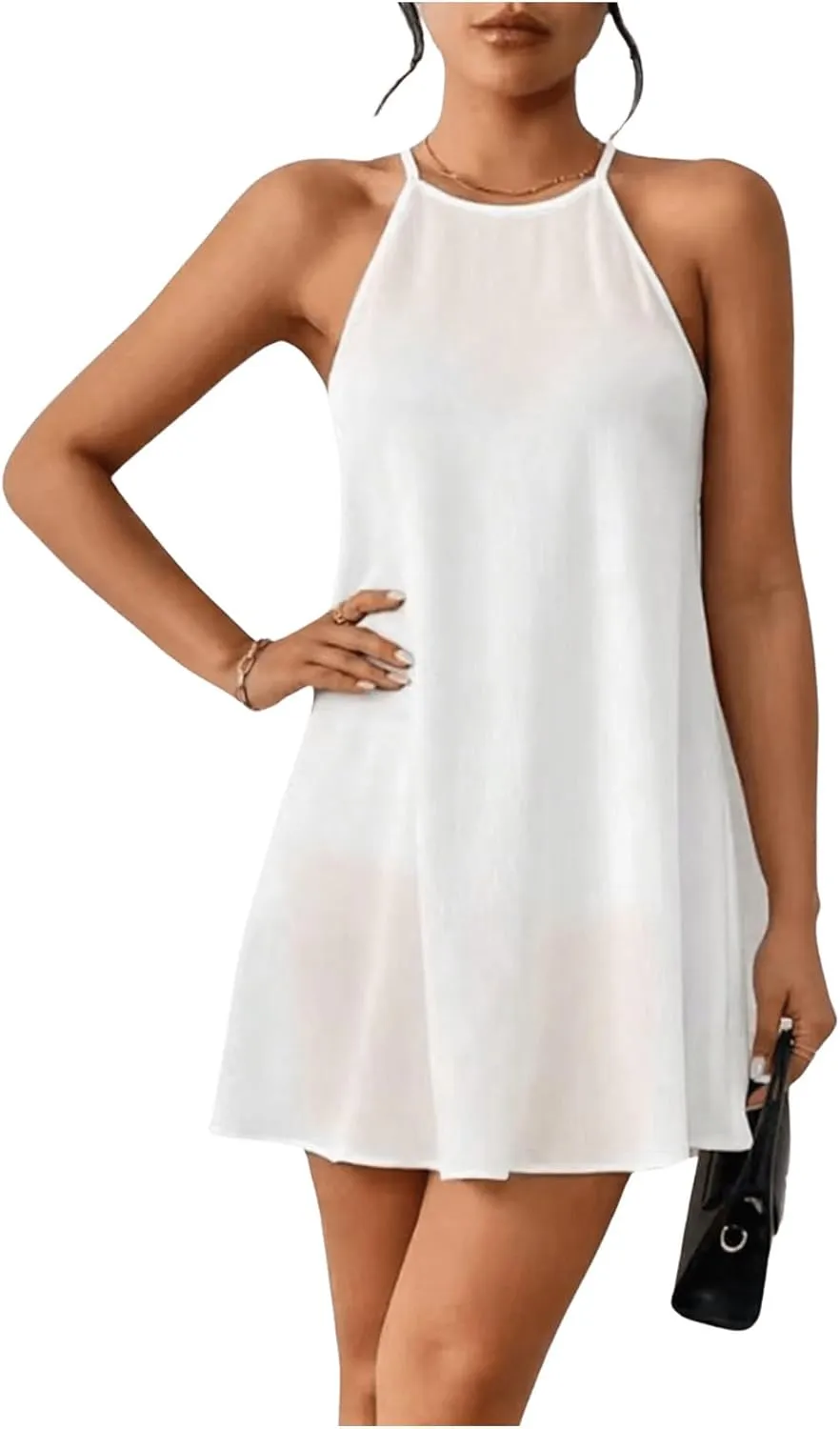 SHENHE Women's Casual Sleeveless Halter Neck Flared A Line Tunic Cami Mini Dresses