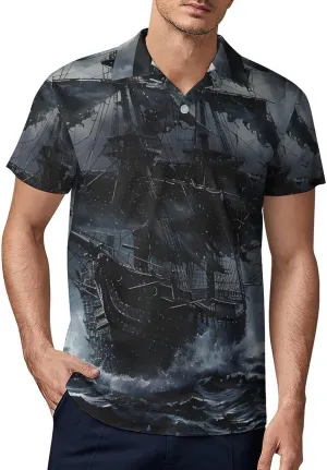 Ship in Ocean on Dark Night Classic Polo Shirts for Men Quick Dry Short Sleeve Fit Golf Tees Casual Tops