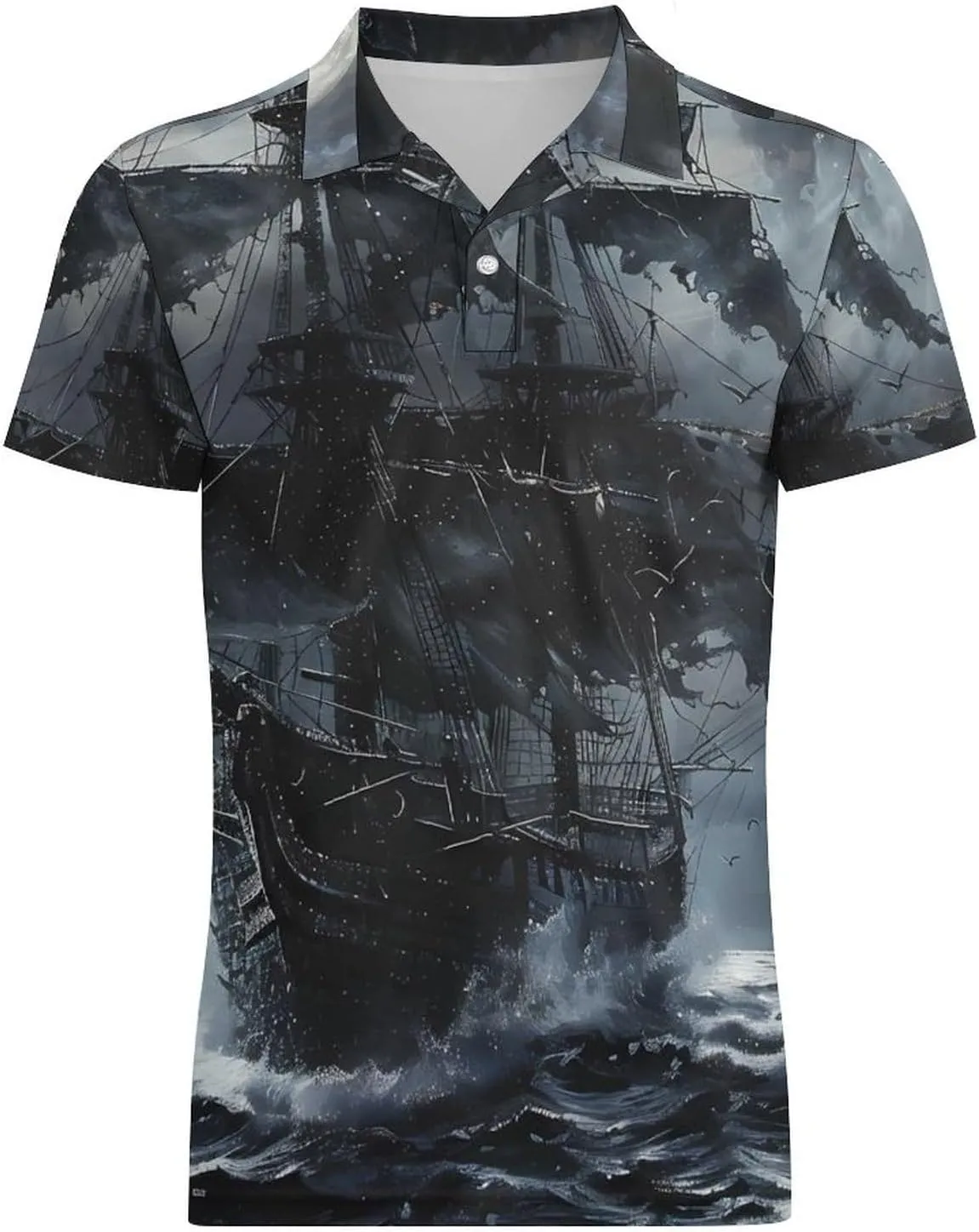Ship in Ocean on Dark Night Classic Polo Shirts for Men Quick Dry Short Sleeve Fit Golf Tees Casual Tops