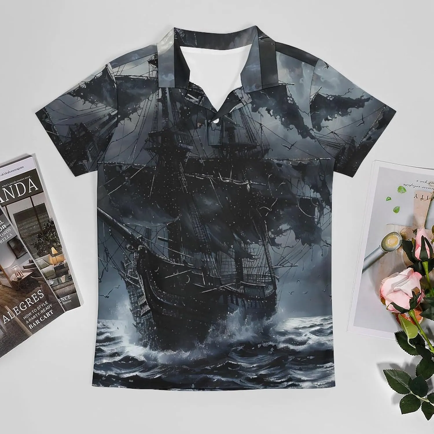 Ship in Ocean on Dark Night Classic Polo Shirts for Men Quick Dry Short Sleeve Fit Golf Tees Casual Tops