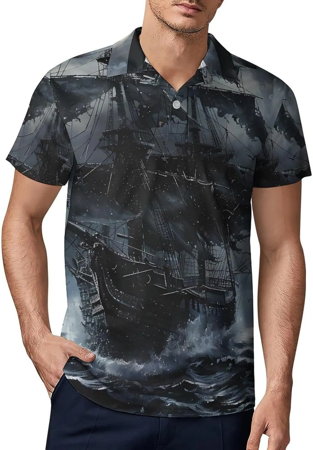 Ship in Ocean on Dark Night Classic Polo Shirts for Men Quick Dry Short Sleeve Fit Golf Tees Casual Tops