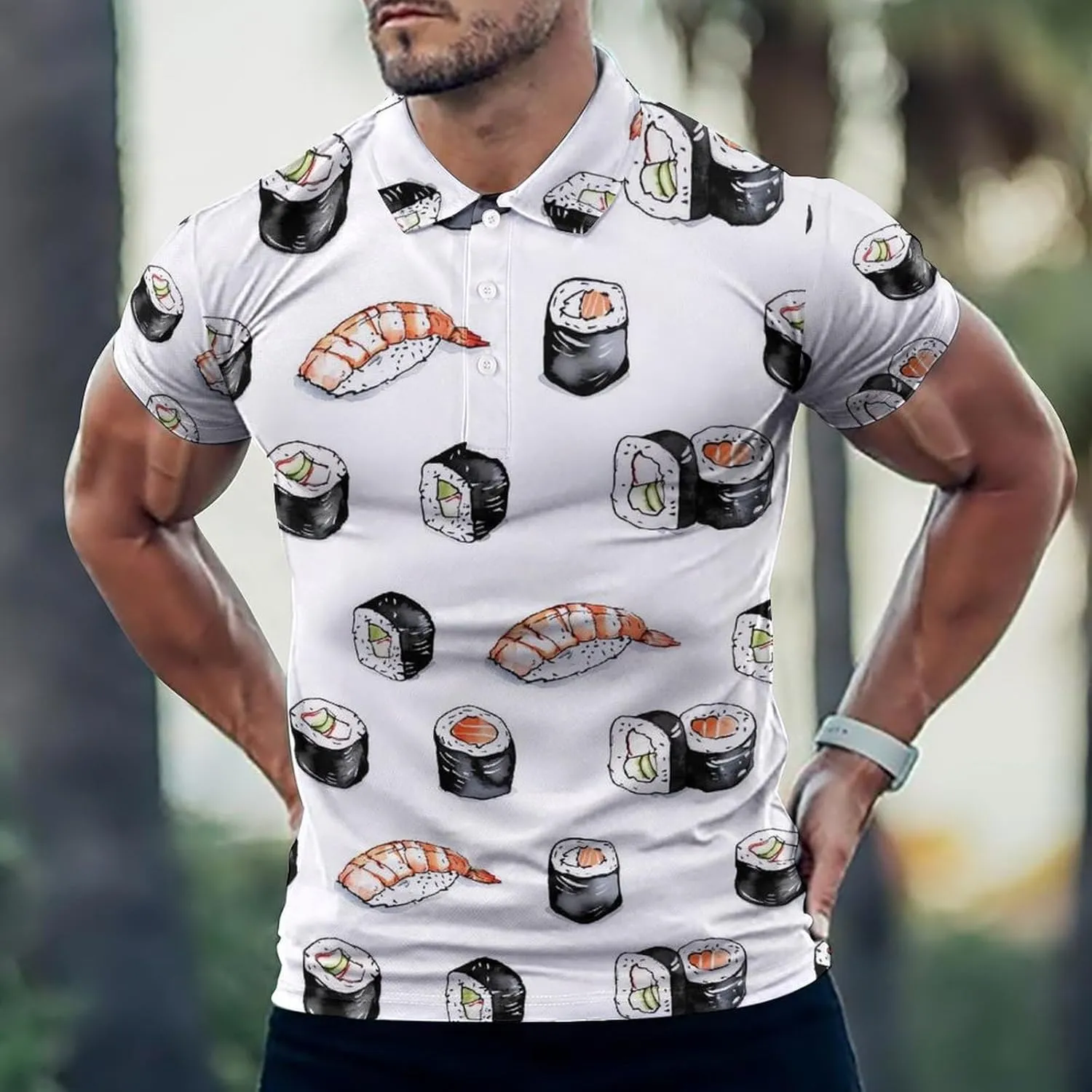 Shrimp Sushi Salmon Roll Mens Polo Shirts Quick Dry Short Sleeve T-shirts Slim Tennis Collared Tees Tops