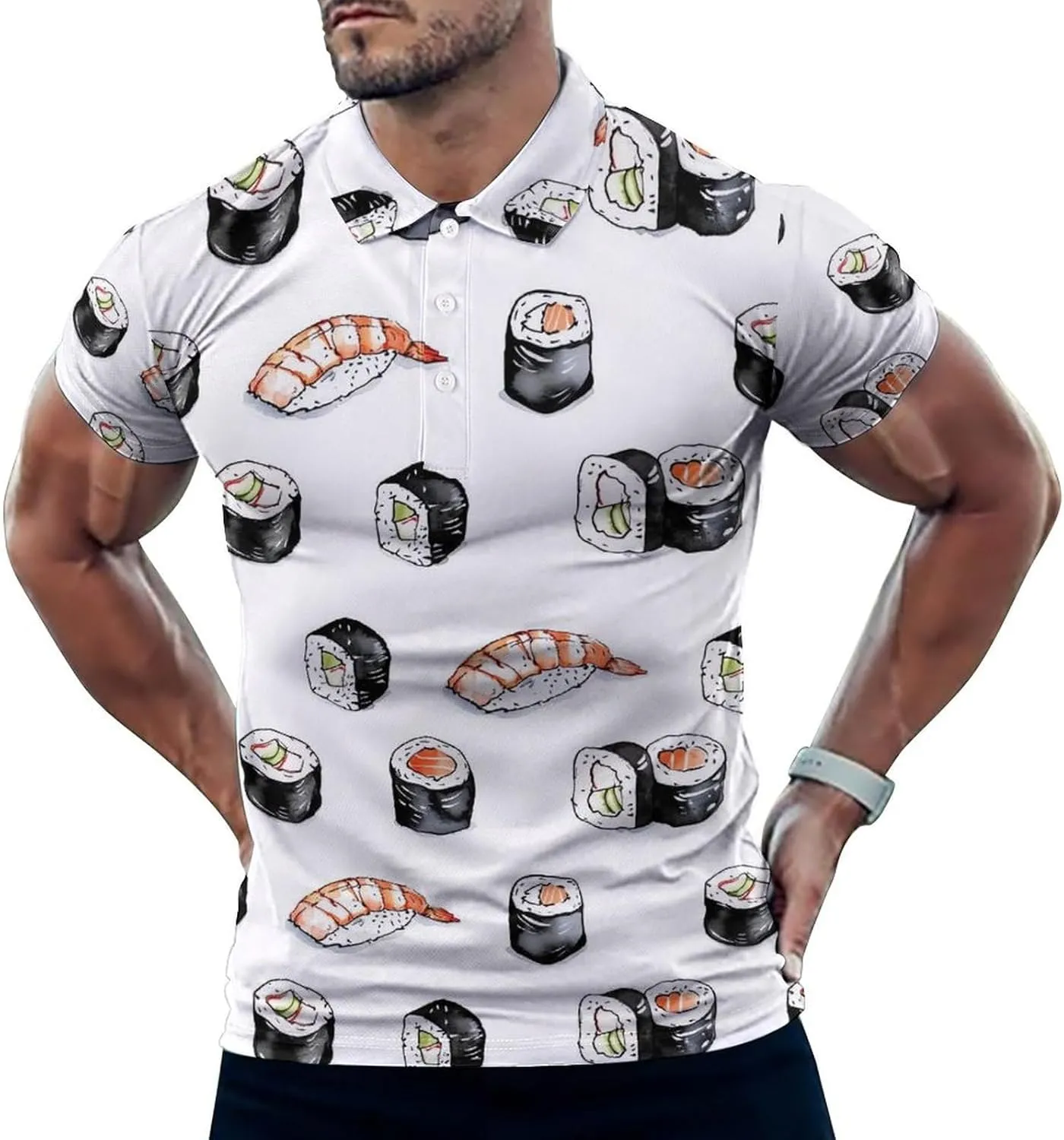 Shrimp Sushi Salmon Roll Mens Polo Shirts Quick Dry Short Sleeve T-shirts Slim Tennis Collared Tees Tops