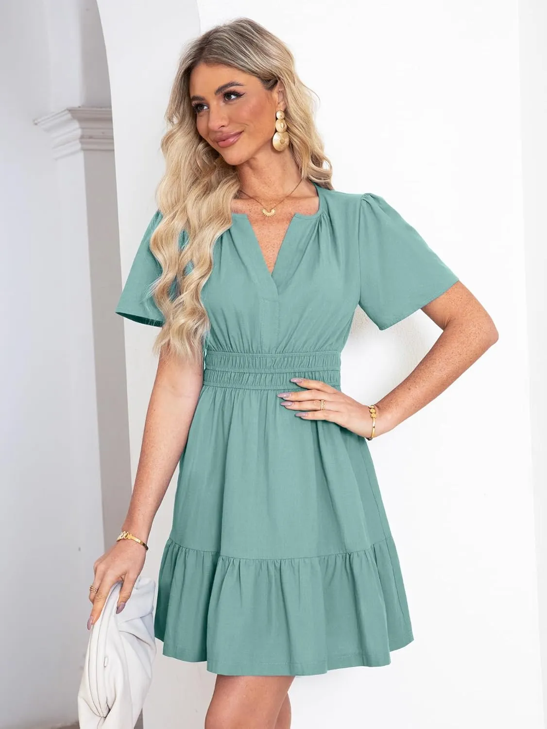 Simplee Women's Summer Beach Wedding Linen Mini Dress Casual Short Sleeve V Neck Empire Waist Flowy Boho Sundress