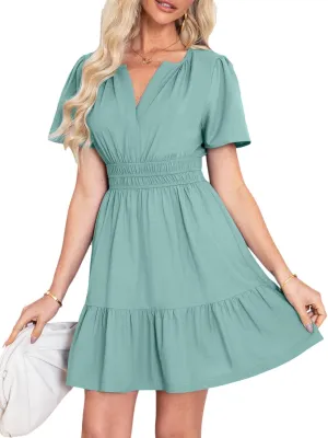Simplee Women's Summer Beach Wedding Linen Mini Dress Casual Short Sleeve V Neck Empire Waist Flowy Boho Sundress