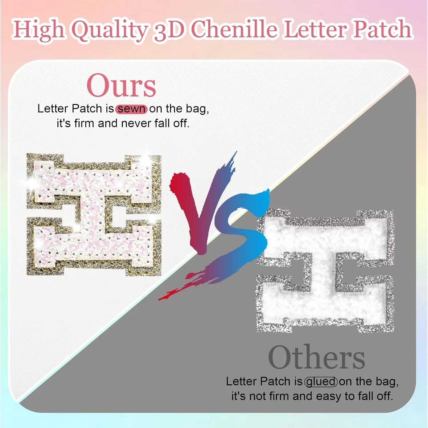 Small Personalized Glitter Initial Letter Makeup Bag, Cute PU Leather Chenille Letters Cosmetic Bag Travel Makeup Pouch, Preppy Travel Organizer Zipper Pouch for Women&GirlsWhite-E