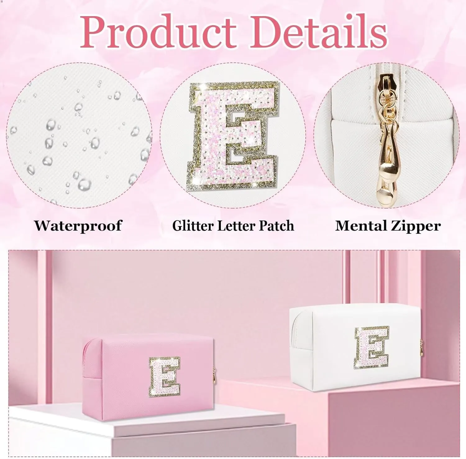 Small Personalized Glitter Initial Letter Makeup Bag, Cute PU Leather Chenille Letters Cosmetic Bag Travel Makeup Pouch, Preppy Travel Organizer Zipper Pouch for Women&GirlsWhite-E