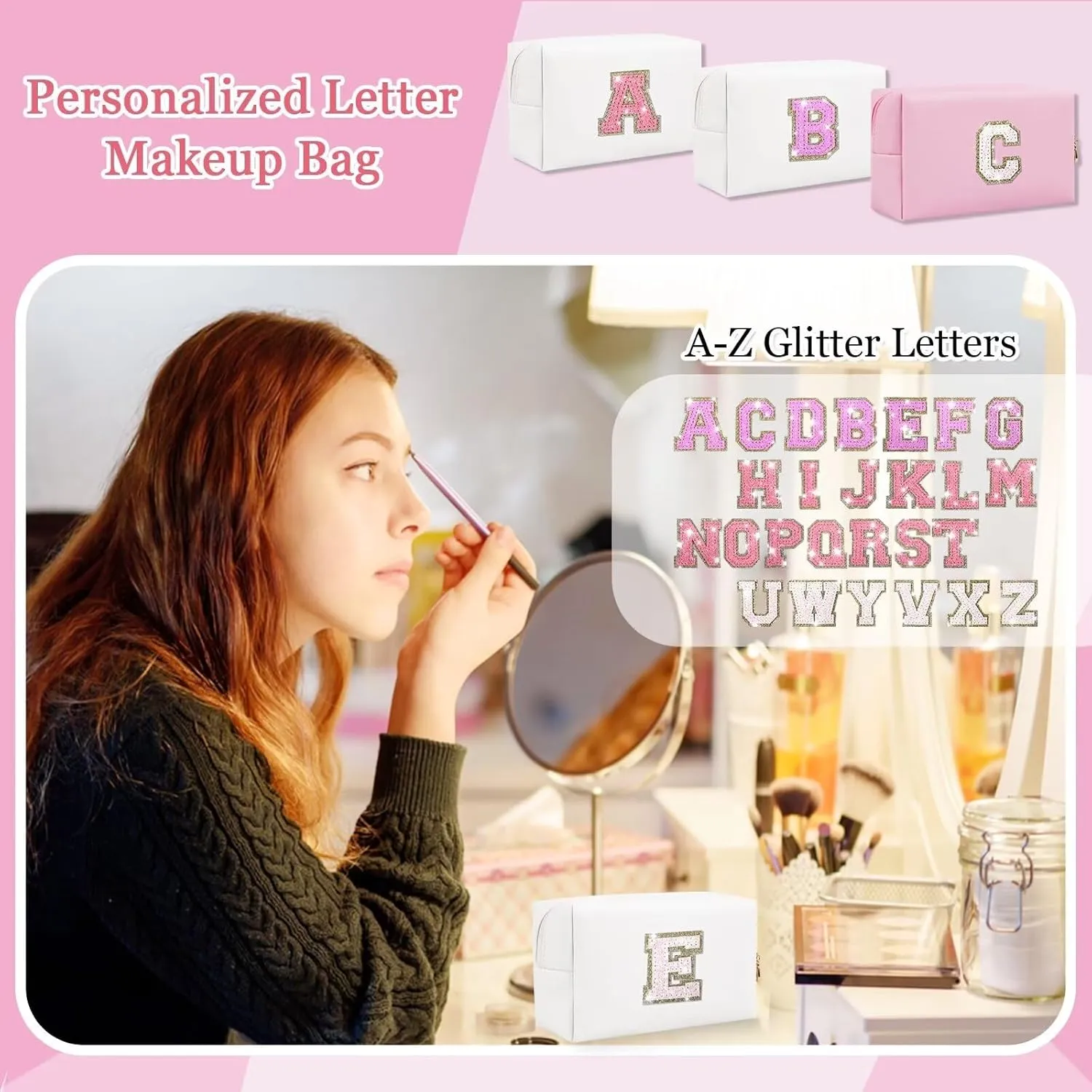 Small Personalized Glitter Initial Letter Makeup Bag, Cute PU Leather Chenille Letters Cosmetic Bag Travel Makeup Pouch, Preppy Travel Organizer Zipper Pouch for Women&GirlsWhite-E