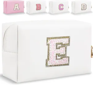 Small Personalized Glitter Initial Letter Makeup Bag, Cute PU Leather Chenille Letters Cosmetic Bag Travel Makeup Pouch, Preppy Travel Organizer Zipper Pouch for Women&GirlsWhite-E