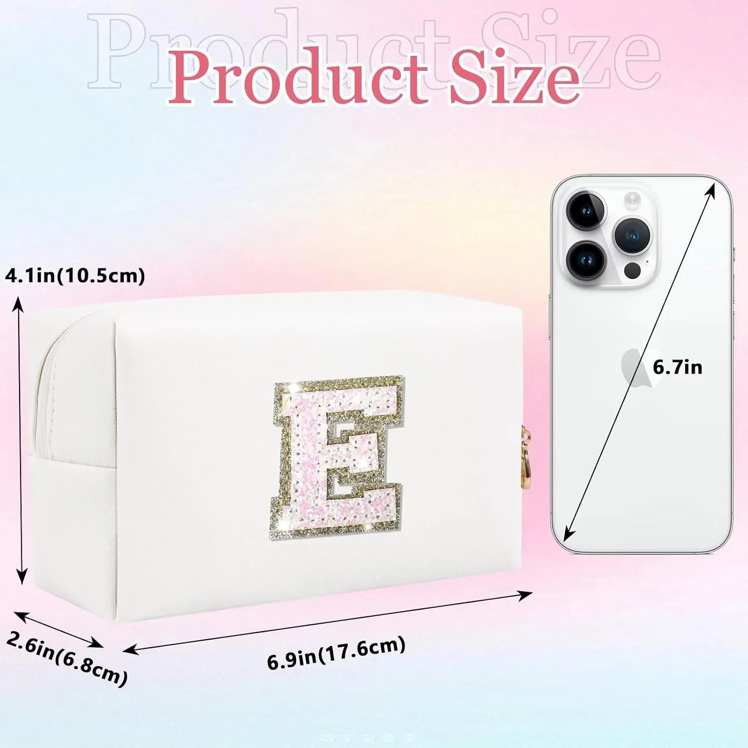 Small Personalized Glitter Initial Letter Makeup Bag, Cute PU Leather Chenille Letters Cosmetic Bag Travel Makeup Pouch, Preppy Travel Organizer Zipper Pouch for Women&GirlsWhite-E