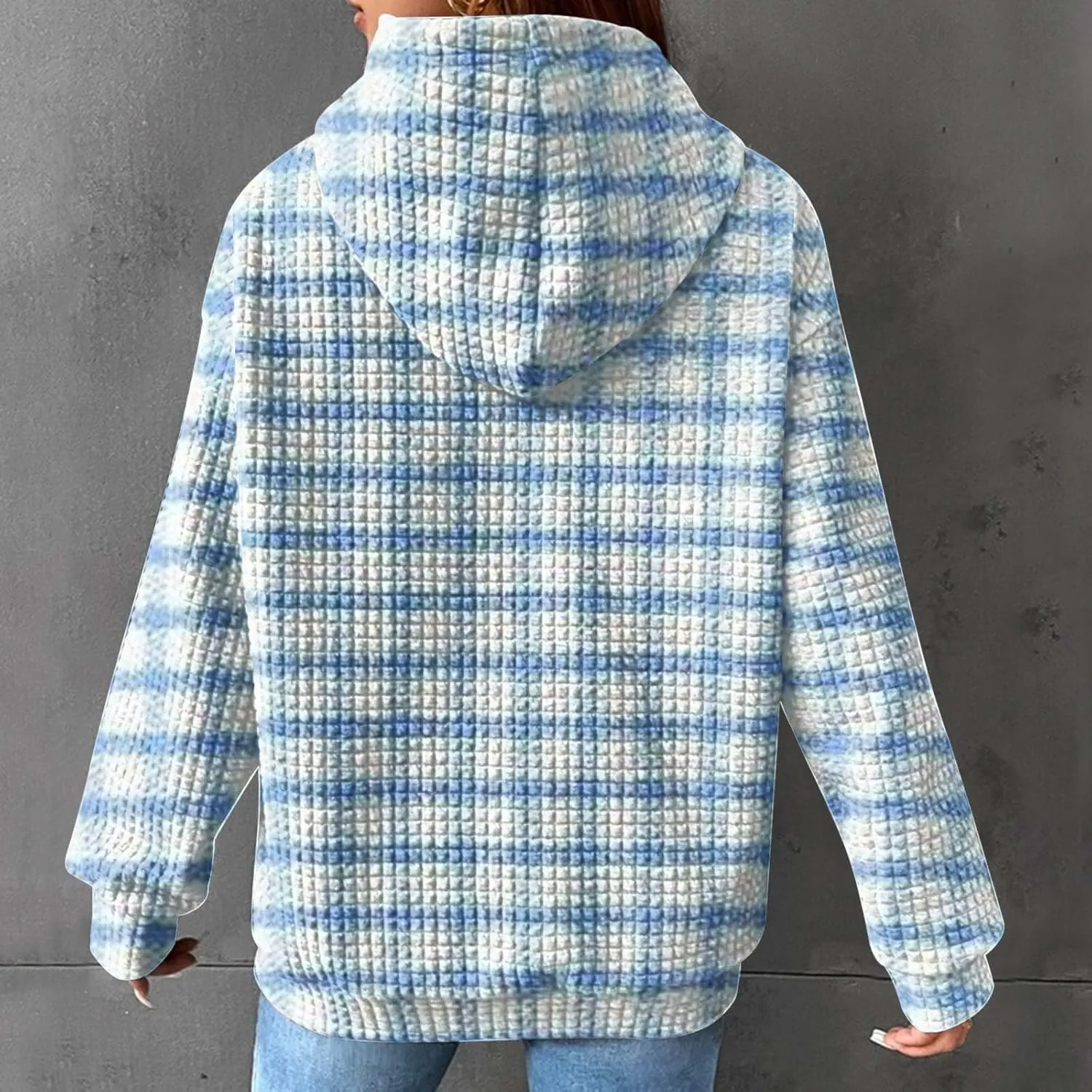 SMIDOW Pliad Waffle Knit Hoodies For Women Fall Fashion 2023 Oversized Drawstring Pullovers Casual Gingham Hooded Sweatshirts