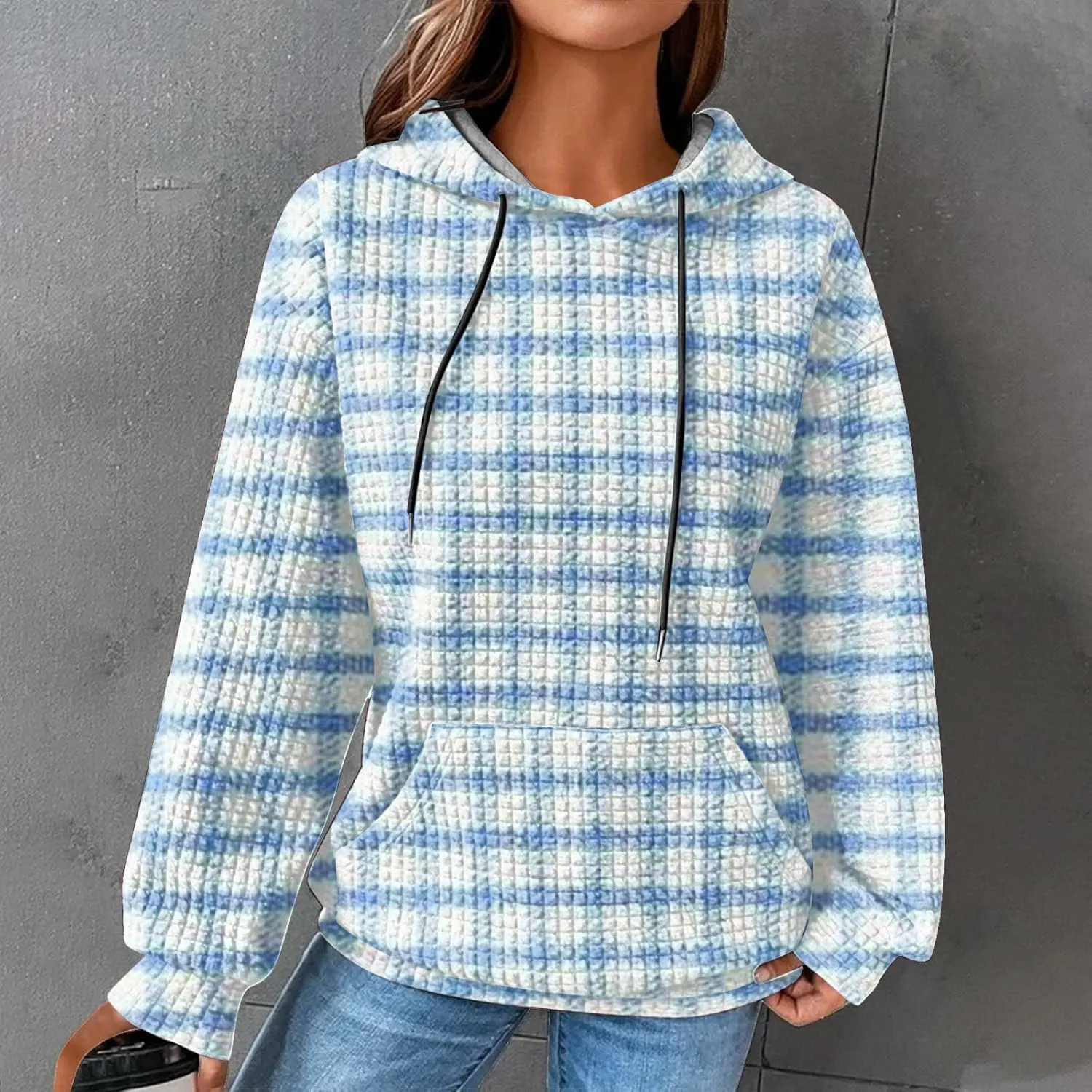SMIDOW Pliad Waffle Knit Hoodies For Women Fall Fashion 2023 Oversized Drawstring Pullovers Casual Gingham Hooded Sweatshirts