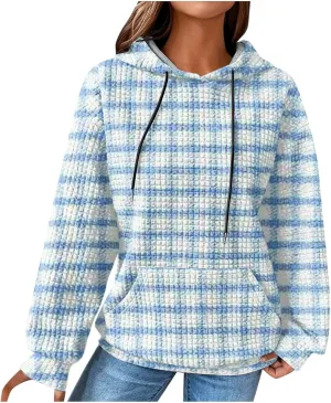 SMIDOW Pliad Waffle Knit Hoodies For Women Fall Fashion 2023 Oversized Drawstring Pullovers Casual Gingham Hooded Sweatshirts
