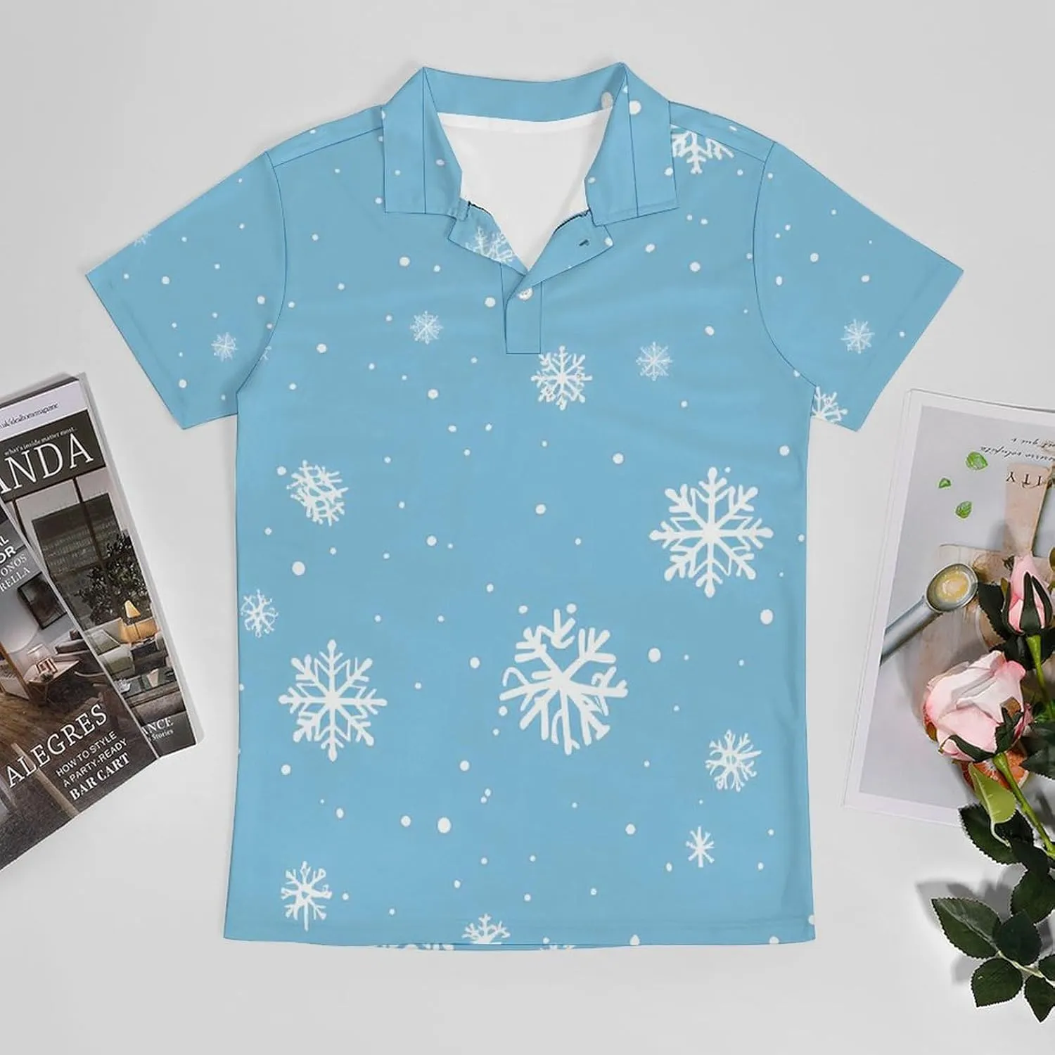 Snowflake Blue White Dots Classic Polo Shirts for Men Quick Dry Short Sleeve Fit Golf Tees Casual Tops