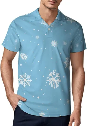 Snowflake Blue White Dots Classic Polo Shirts for Men Quick Dry Short Sleeve Fit Golf Tees Casual Tops