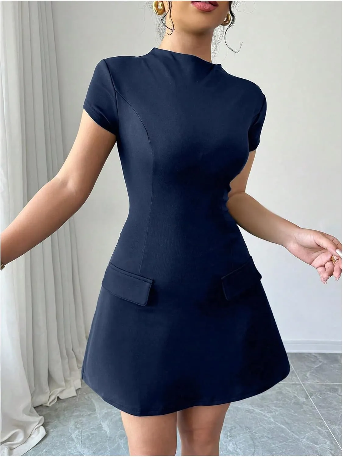 SOLY HUX Women's Mock Neck Short Sleeve Dress A Line Flared Mini Dresses