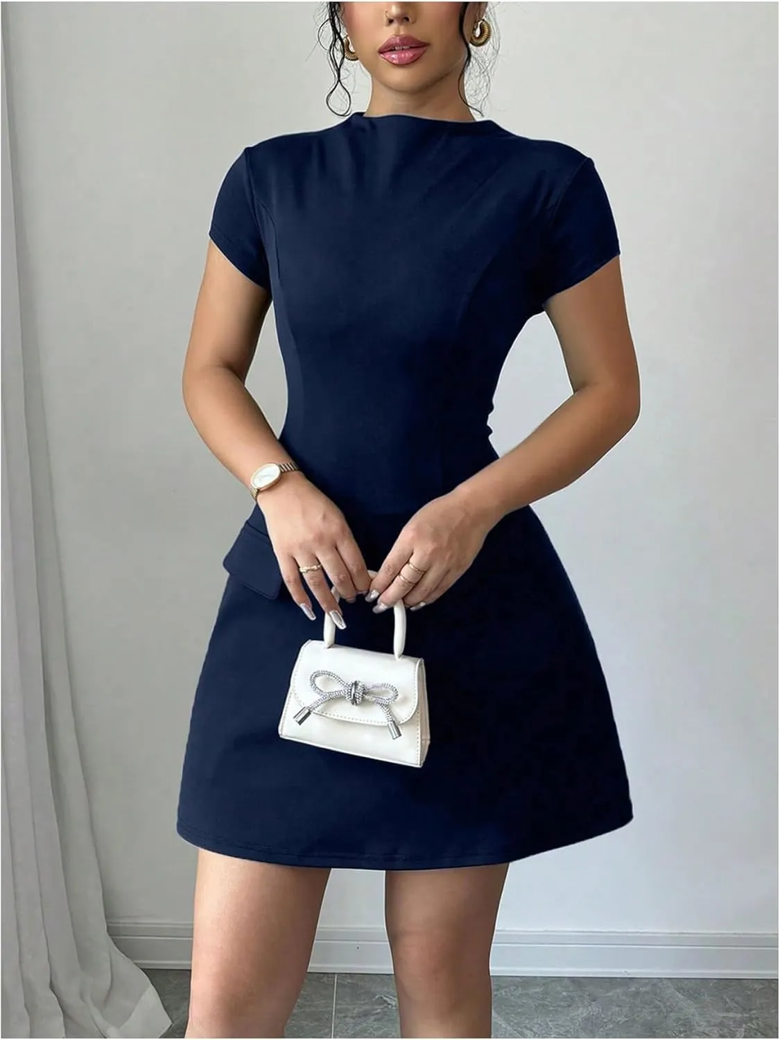 SOLY HUX Women's Mock Neck Short Sleeve Dress A Line Flared Mini Dresses