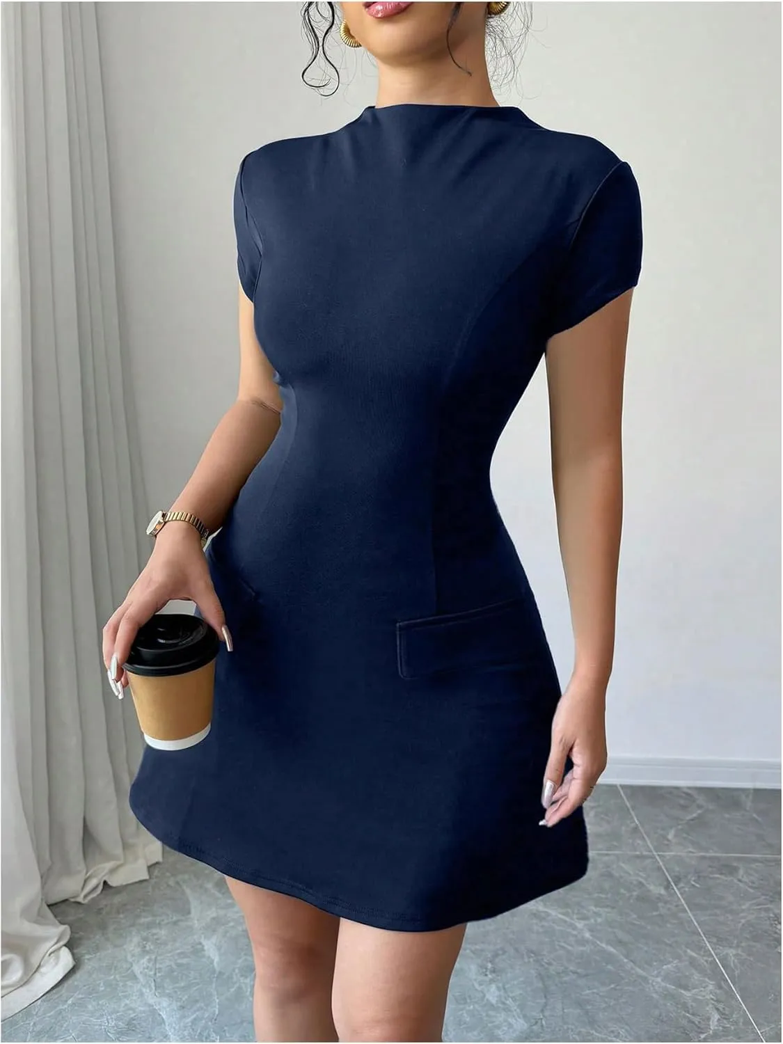 SOLY HUX Women's Mock Neck Short Sleeve Dress A Line Flared Mini Dresses