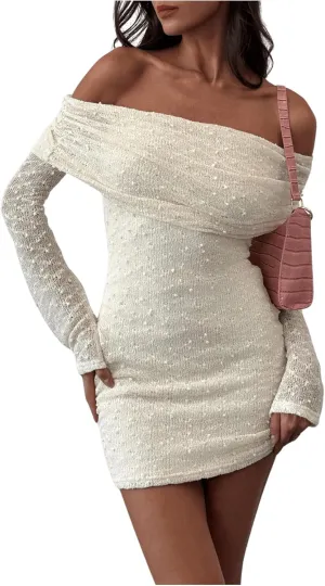 SOLY HUX Women's Off The Shoulder Mini Dress Sheer Long Sleeve Bodycon Ruched Party Dresses
