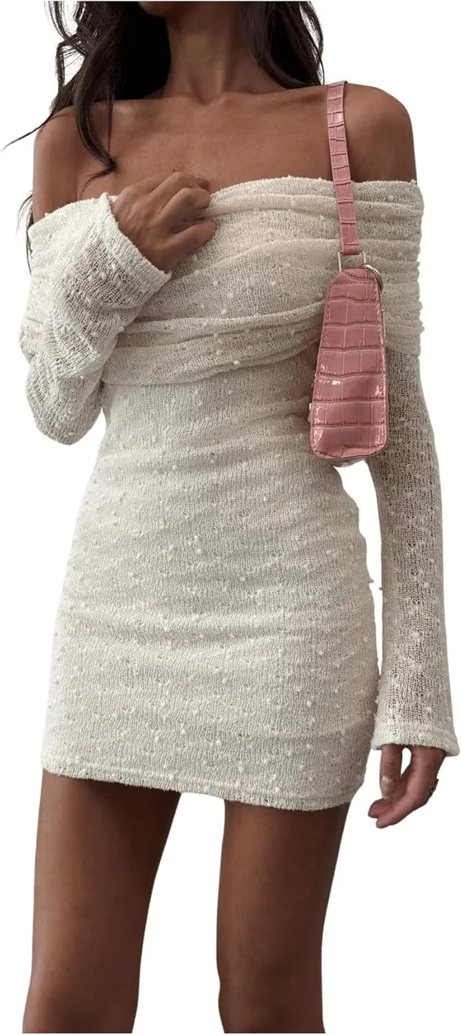 SOLY HUX Women's Off The Shoulder Mini Dress Sheer Long Sleeve Bodycon Ruched Party Dresses