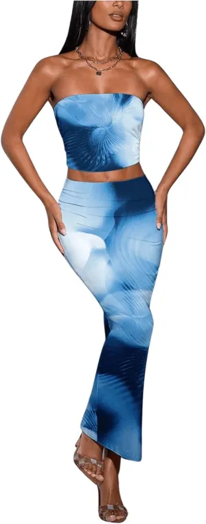 SOLY HUX Women's Sexy Skirt Set Printed Crop Bandeau Tube Top and Bodycon Skirts 2Pcs Summer Outfits