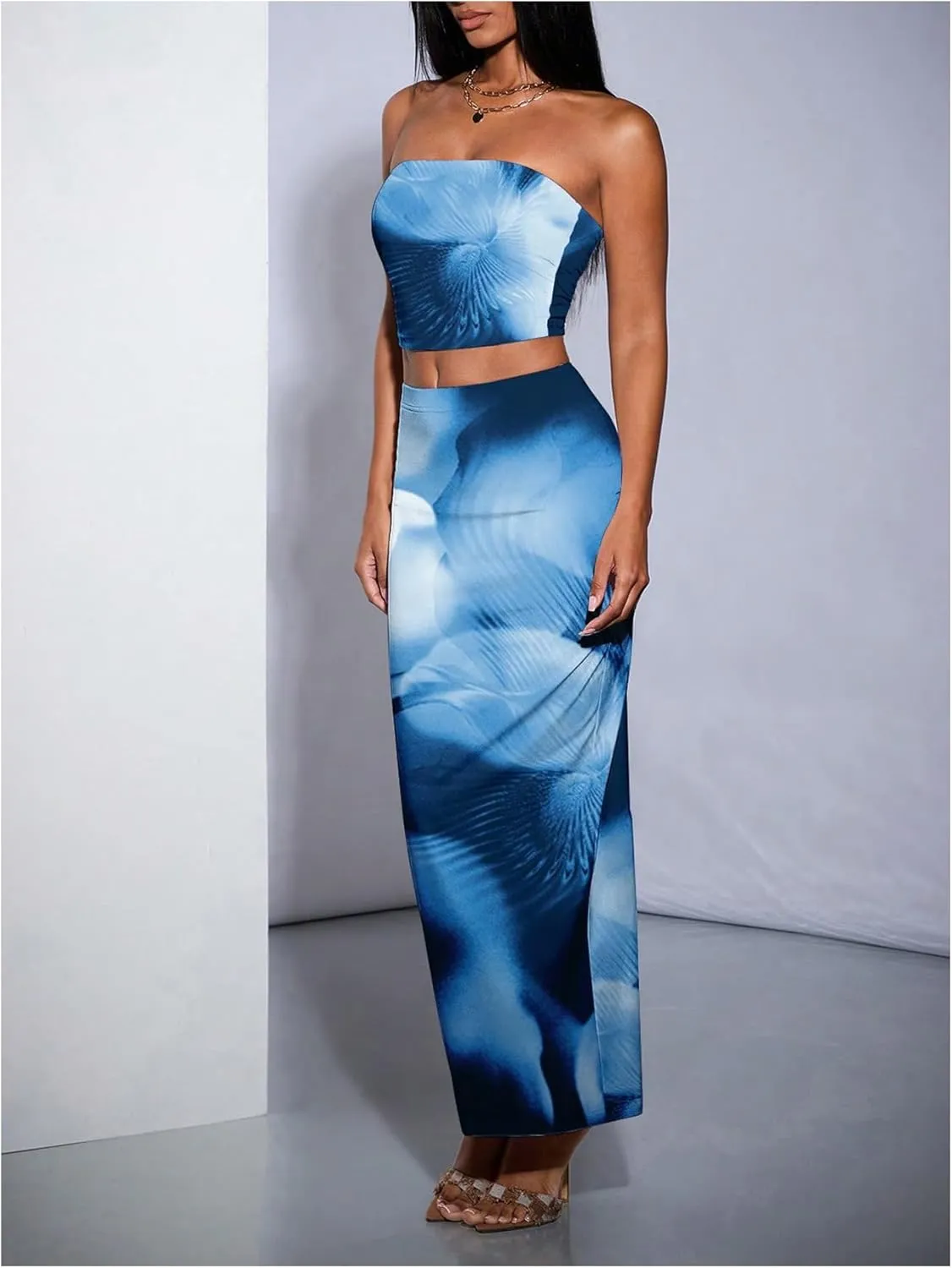 SOLY HUX Women's Sexy Skirt Set Printed Crop Bandeau Tube Top and Bodycon Skirts 2Pcs Summer Outfits