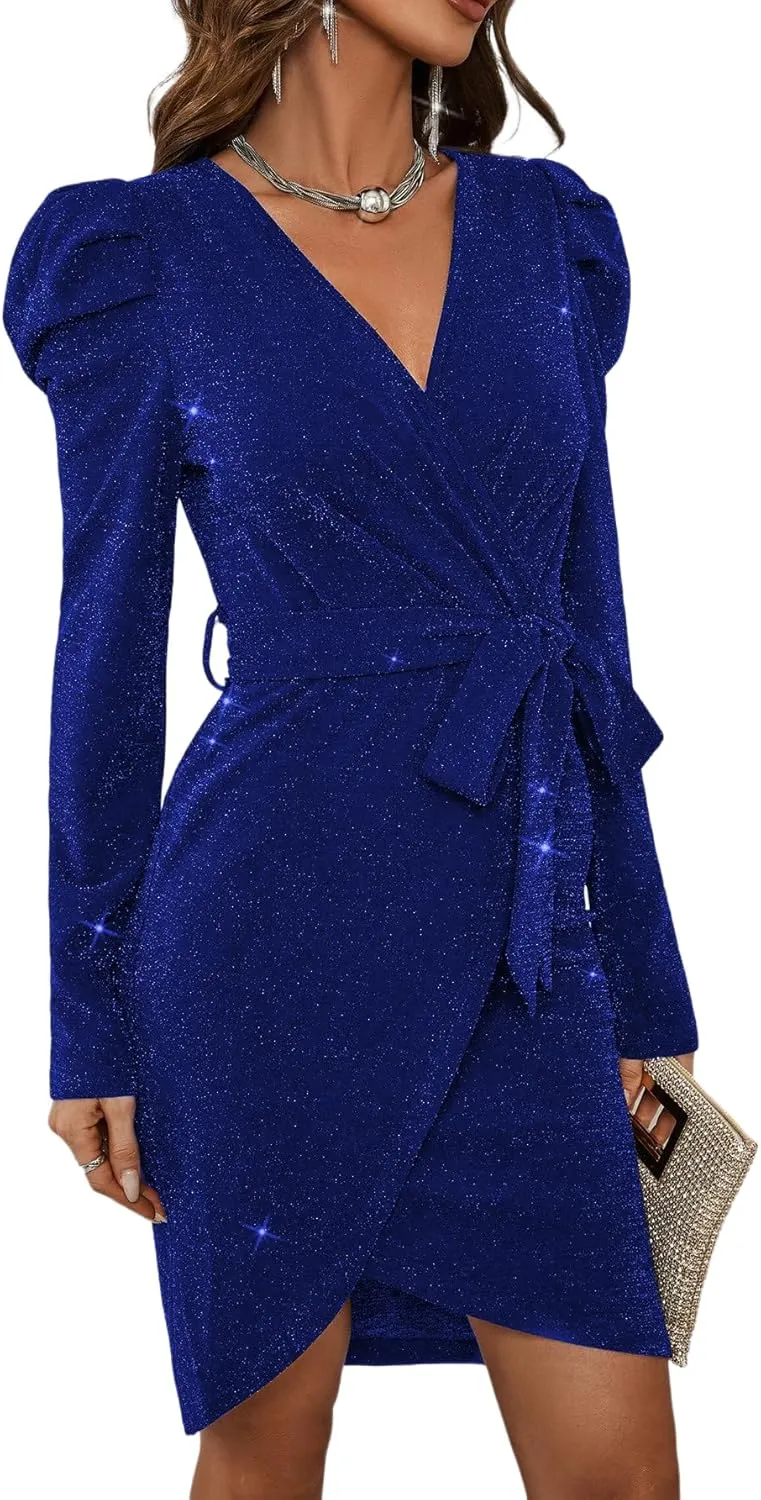 Sparkly Women's Elegant Deep V Neck High Waist Wrap Long Sleeve Mini Dress with Bow Belt Party Club Dress