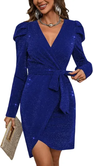 Sparkly Women's Elegant Deep V Neck High Waist Wrap Long Sleeve Mini Dress with Bow Belt Party Club Dress