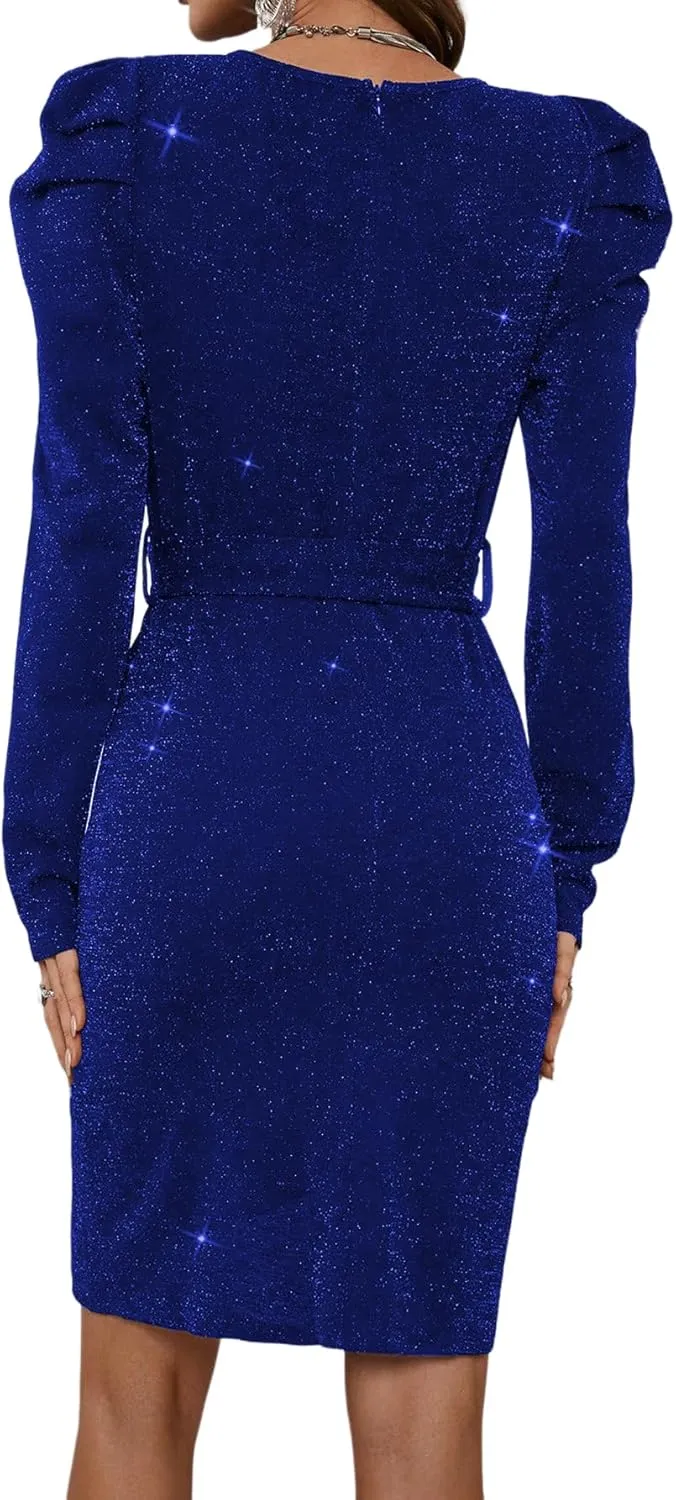 Sparkly Women's Elegant Deep V Neck High Waist Wrap Long Sleeve Mini Dress with Bow Belt Party Club Dress
