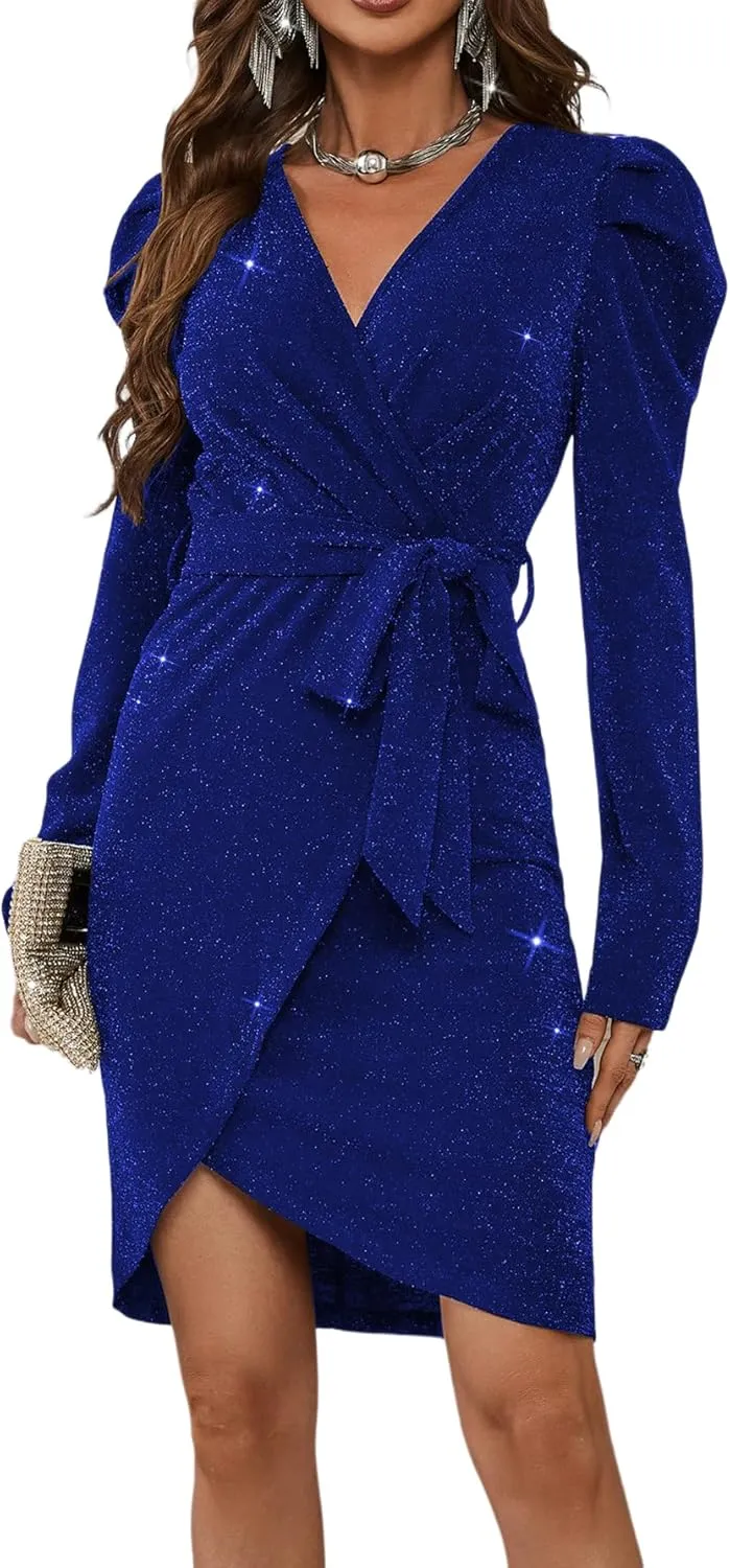 Sparkly Women's Elegant Deep V Neck High Waist Wrap Long Sleeve Mini Dress with Bow Belt Party Club Dress