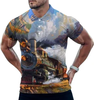 Steam Train in Spring Mens Polo Shirts Quick Dry Short Sleeve T-shirts Slim Tennis Collared Tees Tops