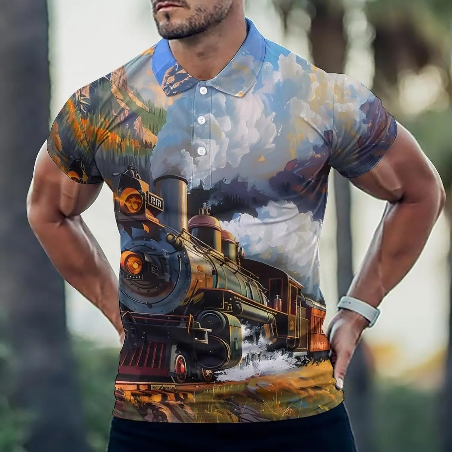 Steam Train in Spring Mens Polo Shirts Quick Dry Short Sleeve T-shirts Slim Tennis Collared Tees Tops